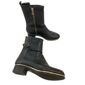 Zoe + Luca Arno Black Mid-Calf Moto Boots With Gold Buckle & Zipper Detail- LNC